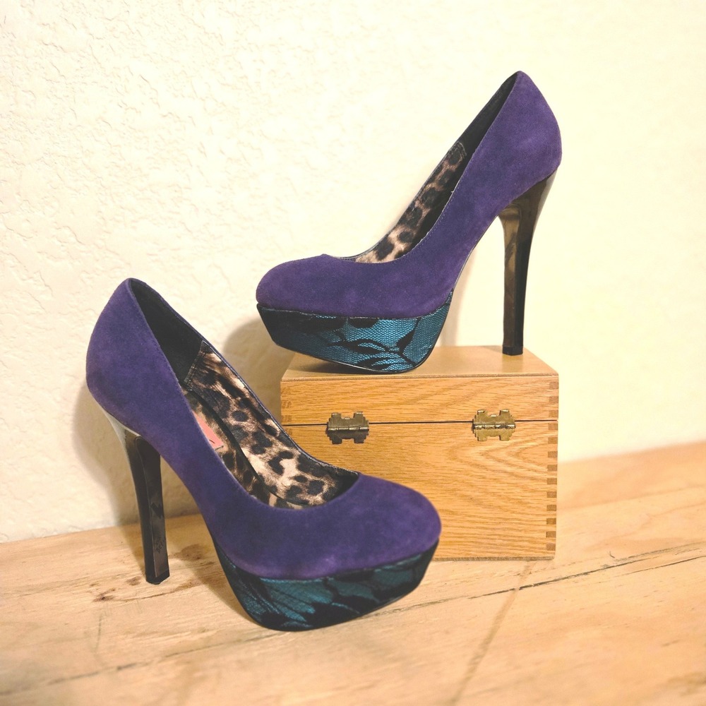 Betsey Johnson DAREAH Platform Heels Size 5 Women Purple Suede Teal Lace Leopard